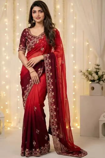 Red floral embroidered poly georgette designer saree