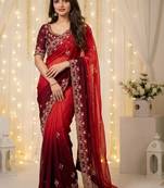 Red floral embroidered poly georgette designer saree