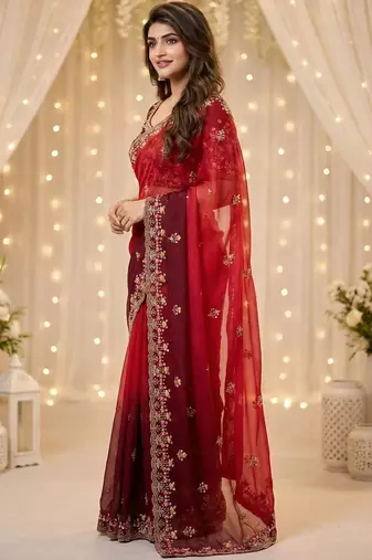 Red floral embroidered poly georgette designer saree