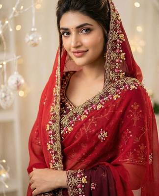 Red floral embroidered poly georgette designer saree 5