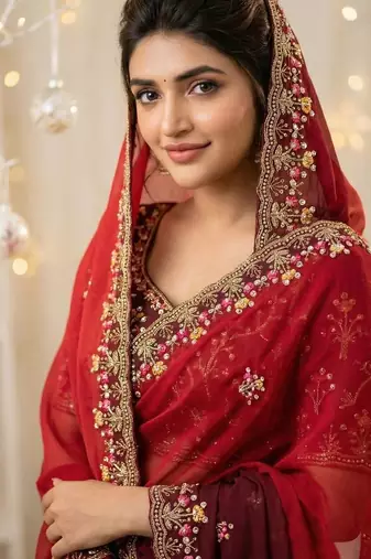 Red floral embroidered poly georgette designer saree