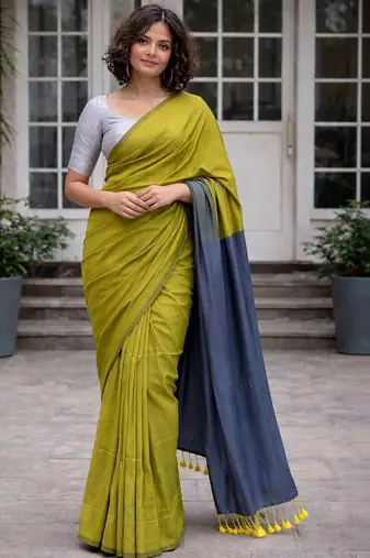 Lime colourblocked  cotton khadi saree
