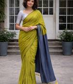 Lime colourblocked  cotton khadi saree