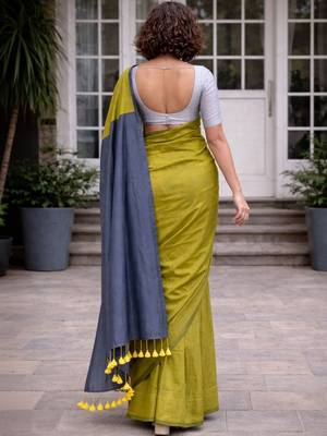Lime colourblocked  cotton khadi saree 2