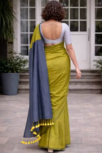 Lime colourblocked  cotton khadi saree
