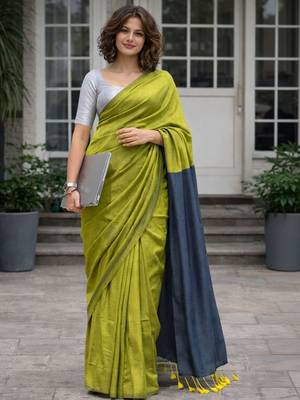 Lime colourblocked  cotton khadi saree 4