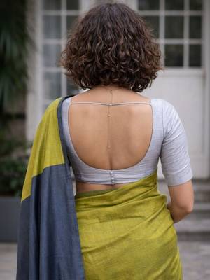 Lime colourblocked  cotton khadi saree 5