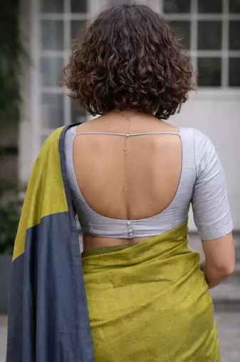 Lime colourblocked  cotton khadi saree