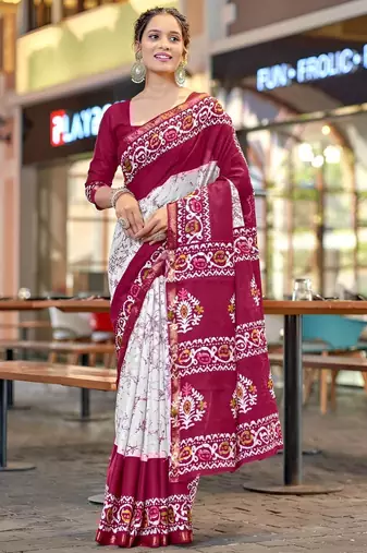 Maroon batik printed  cotton saree