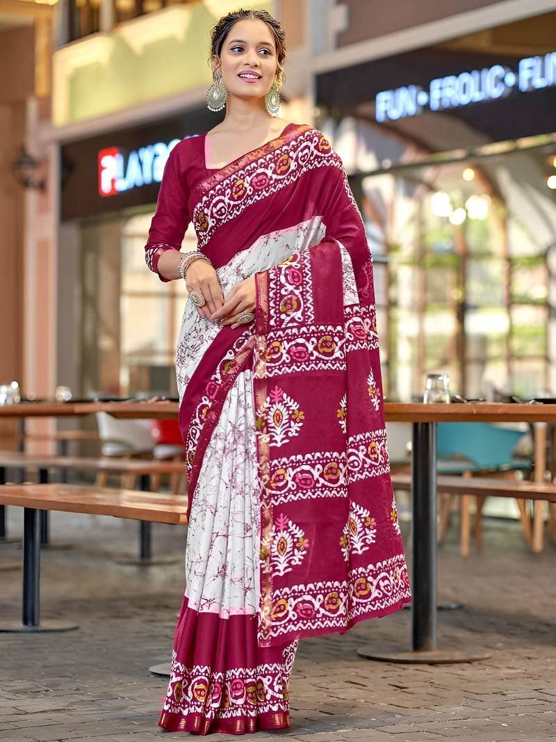 Maroon batik printed  cotton saree