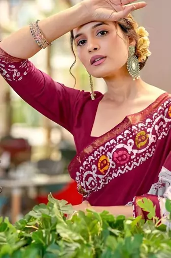 Maroon batik printed  cotton saree