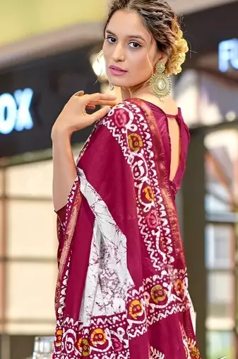 Maroon batik printed  cotton saree