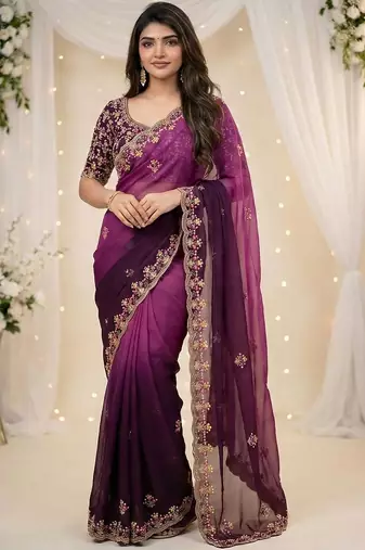 Purple floral embroidered poly georgette designer saree