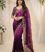 Purple floral embroidered poly georgette designer saree