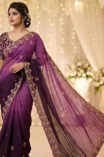 Purple floral embroidered poly georgette designer saree