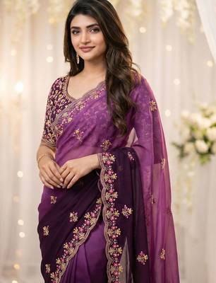 Purple floral embroidered poly georgette designer saree 3