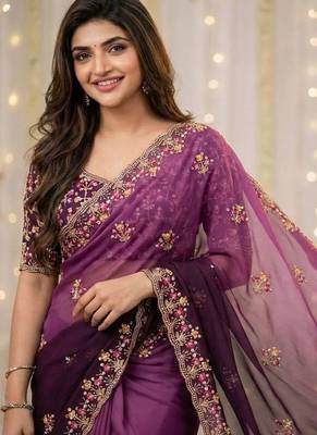 Purple floral embroidered poly georgette designer saree 5