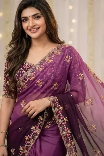 Purple floral embroidered poly georgette designer saree