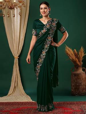 Green embroidered satin saree 1