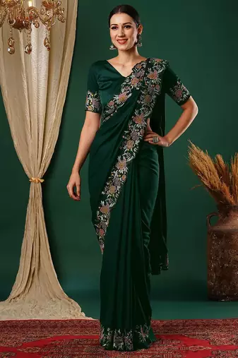 Green embroidered satin saree