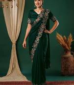 Green embroidered satin saree