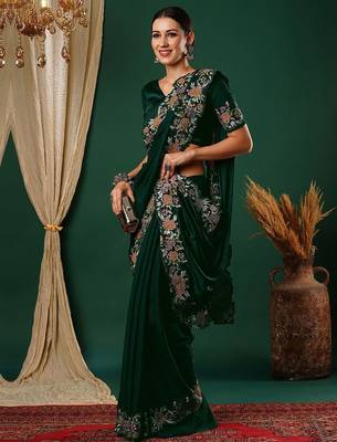 Green embroidered satin saree 2