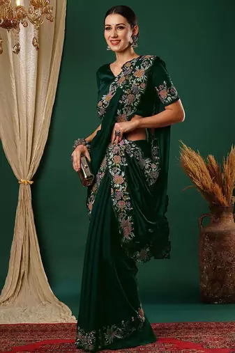 Green embroidered satin saree