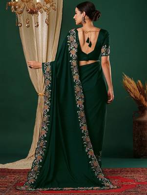 Green embroidered satin saree 3