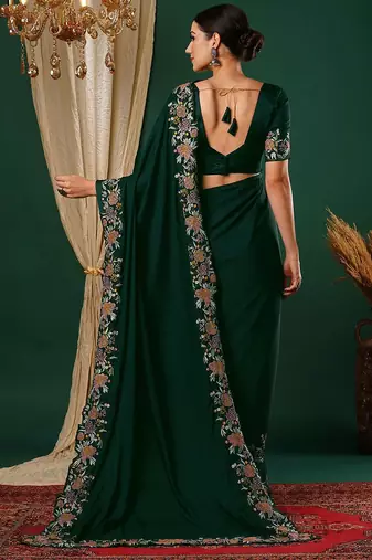 Green embroidered satin saree