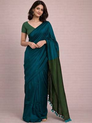 Teal  cotton khadi saree 1