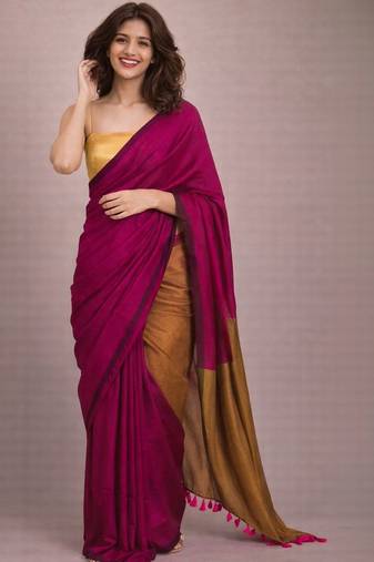 Magenta colourblocked  cotton khadi saree