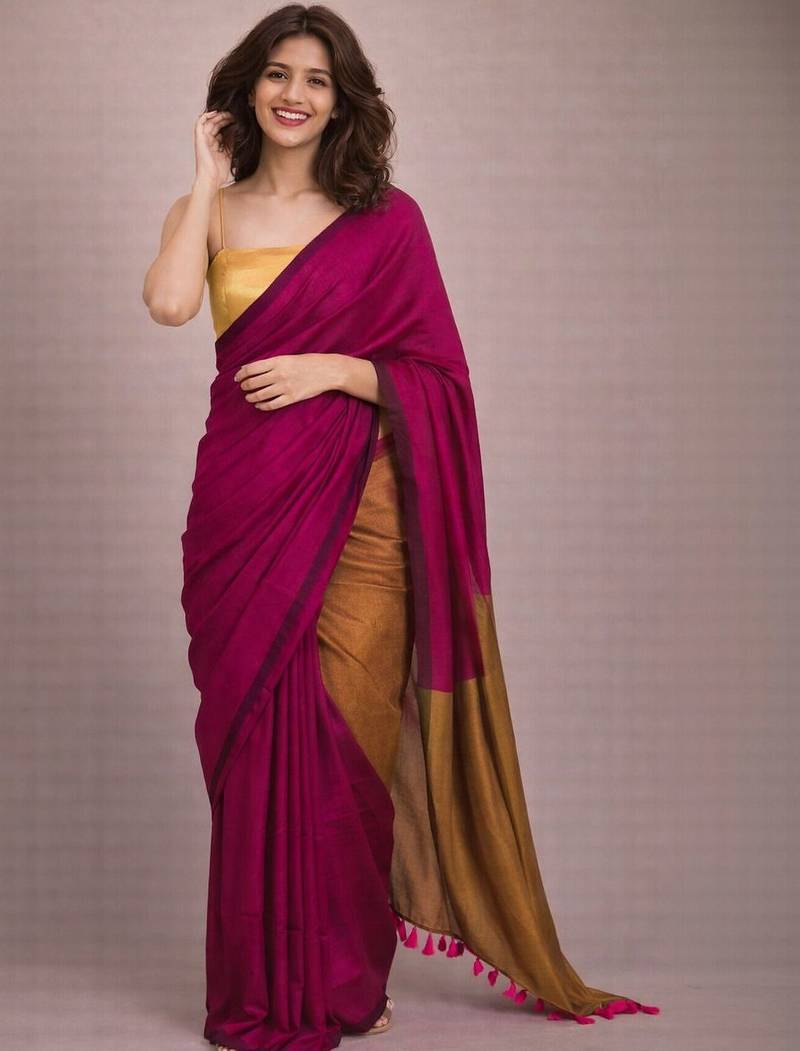 Magenta colourblocked  cotton khadi saree