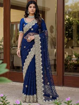 Navy blue embellished embroidered net designer saree 1