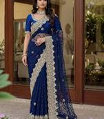 Navy blue embellished embroidered net designer saree