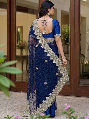 Navy blue embellished embroidered net designer saree 2