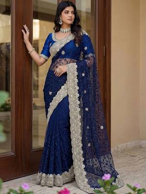 Navy blue embellished embroidered net designer saree 3