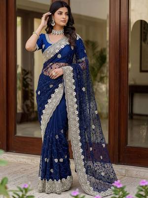 Navy blue embellished embroidered net designer saree 5