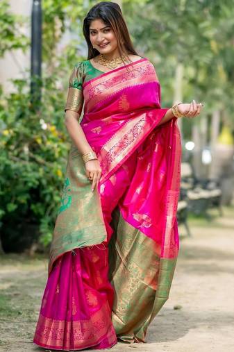 Pink ethnic motifs zari silk blend designer banarasi saree