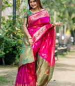 Pink ethnic motifs zari silk blend designer banarasi saree