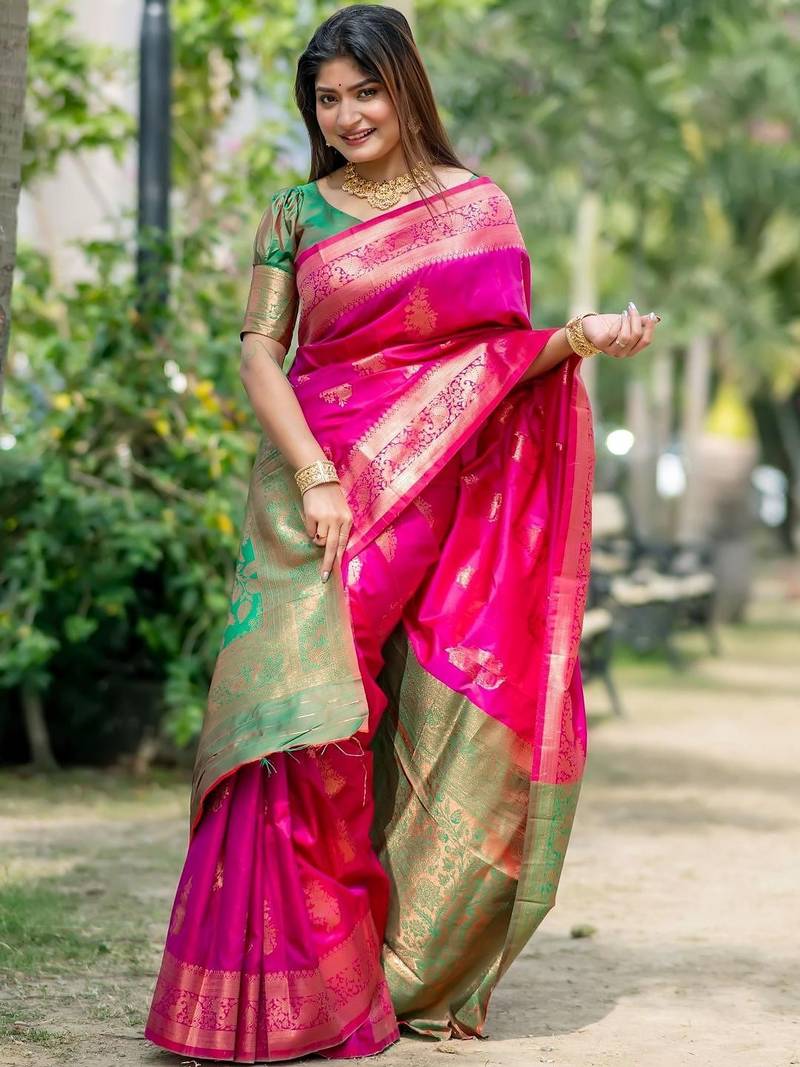 Pink ethnic motifs zari silk blend designer banarasi saree