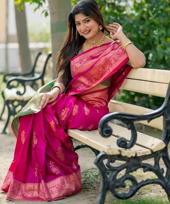 Pink ethnic motifs zari silk blend designer banarasi saree 2