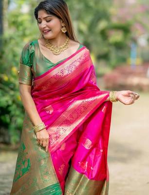 Pink ethnic motifs zari silk blend designer banarasi saree 3