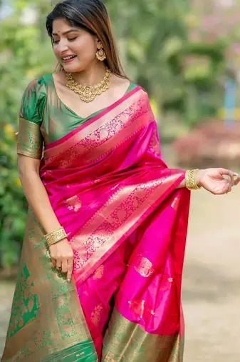 Pink ethnic motifs zari silk blend designer banarasi saree