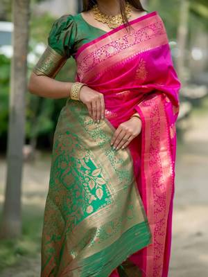 Pink ethnic motifs zari silk blend designer banarasi saree 4