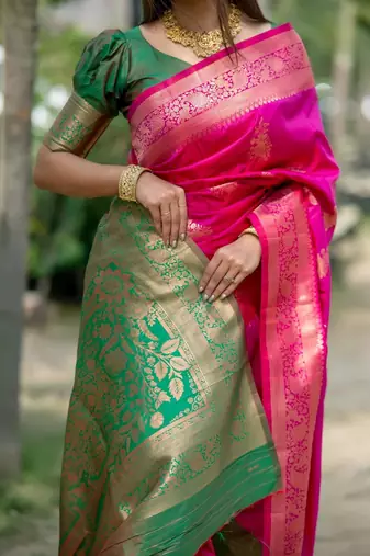 Pink ethnic motifs zari silk blend designer banarasi saree