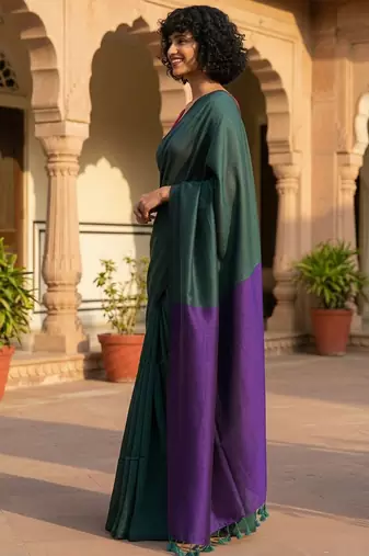Green colourblocked  cotton khadi saree