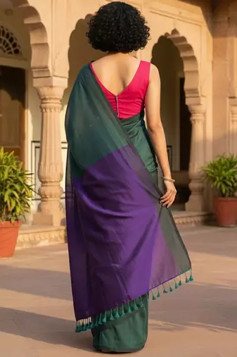 Green colourblocked  cotton khadi saree