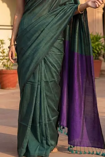 Green colourblocked  cotton khadi saree