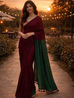 Maroon colourblocked  cotton khadi saree 1