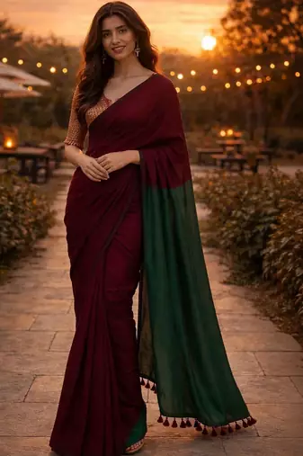 Maroon colourblocked  cotton khadi saree